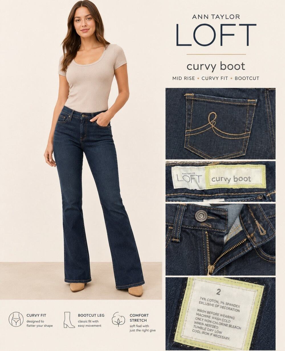 Y2K Indie Sleaze LOFT Ann Taylor Curvy Bootcut Jeans Sz 2 Dark Wash Indigo 2000s